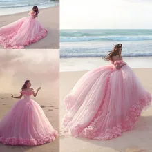 Розовые платья Quinceanera принцесса платье Золушки с 3D цветы классическое бальное платье с открытыми плечами Сладкий 16 платья