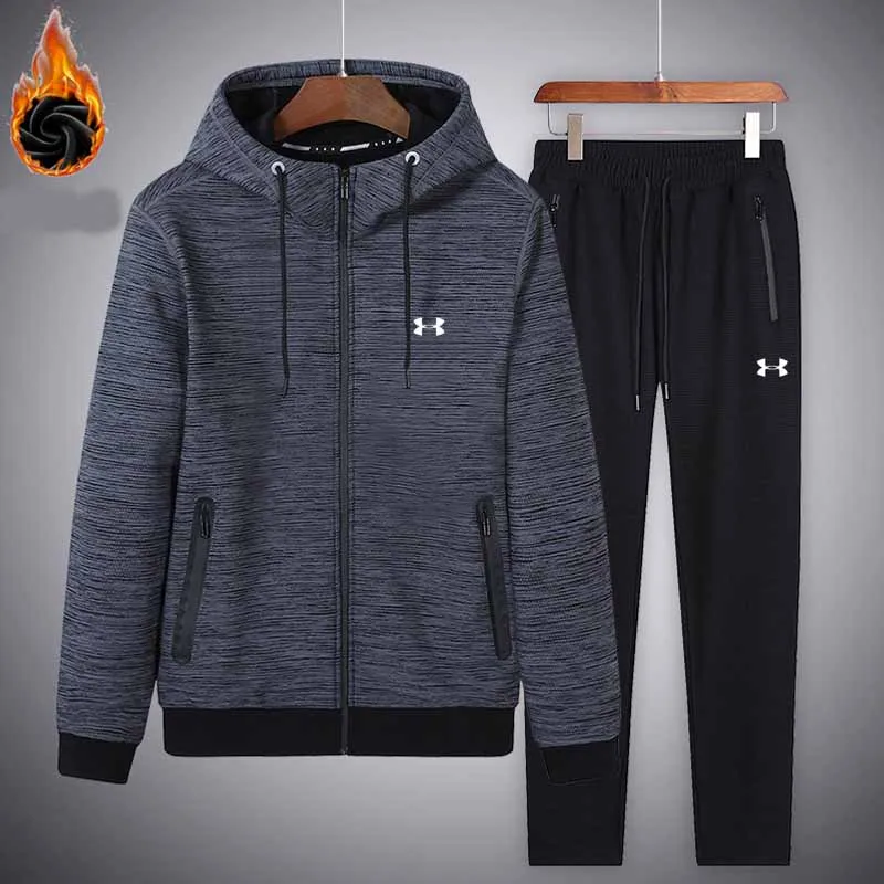 

Under Armour Men winter Clothing warm Velvet sports suit fitness workout gymwear 2 pieces training jacket+pant Asian size L-5XL