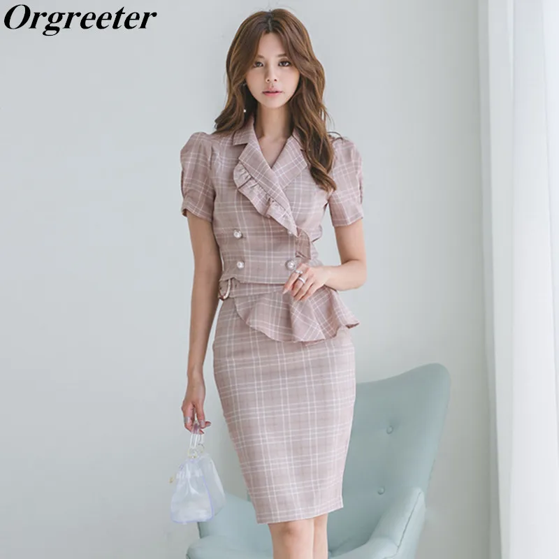 

Formal OL Skirt 2 Piece set Summer New Pink Plaid Ruffles Double-breasted Short Sleeve Crop Tops Bodycon Knee-length Skirt Sets