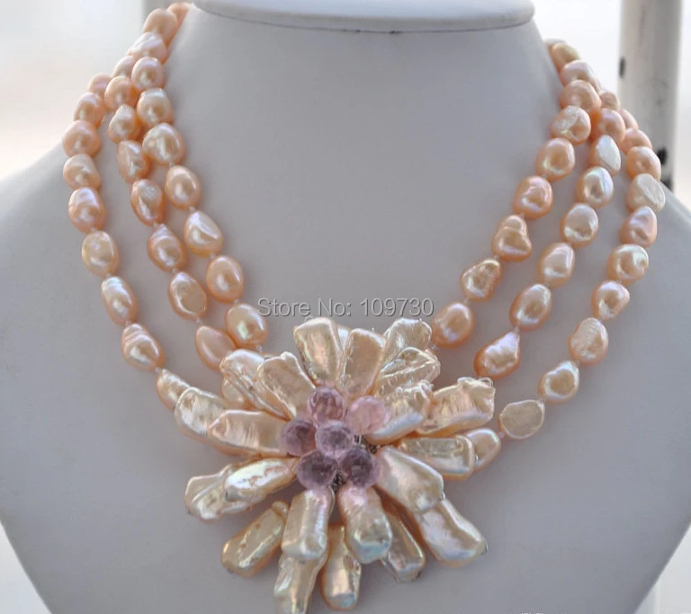 

Jewelr 003540 3row 16" pink baroque pearl biwa crystal flower pendant necklace