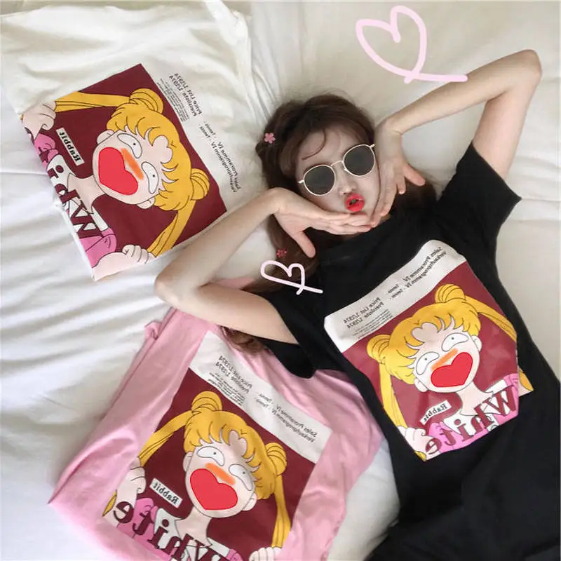 Woherb 100% хлопковая футболка женская летняя свободная для девочек Harajuku Kawaii Сейлор