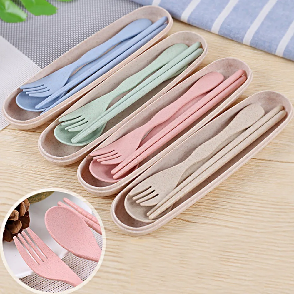 

Natural Material 3pcs/lot Tableware Set For Student Spoon Chopsticks Fork With Box Gift 4 Colors Dinnerware Kit