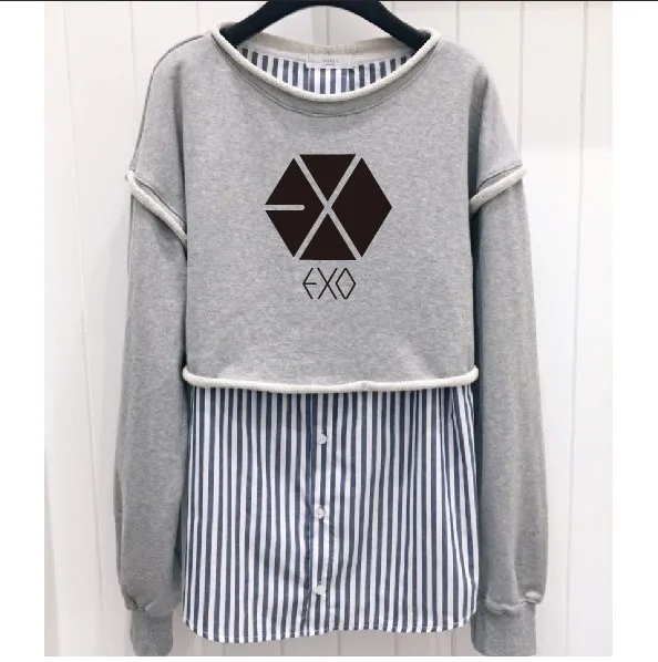 

Korean EXO stripe splice long-sleeved round neck hoodies women casual clothes kpop BLACKPINK fashion Fake two pieces sweatshirt