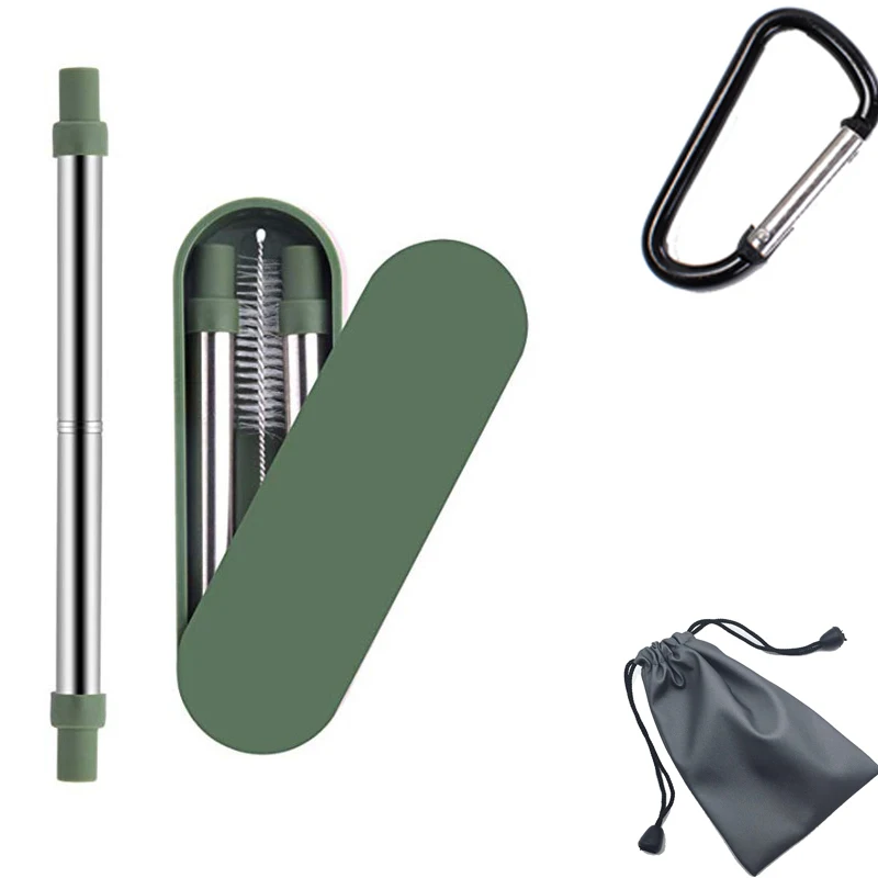 

2PCs Foldable Metal Straw Portable Collapsible Reusable Straw With CLeaning Brush Key Chain Water Proof Bag Drinking Straw Set