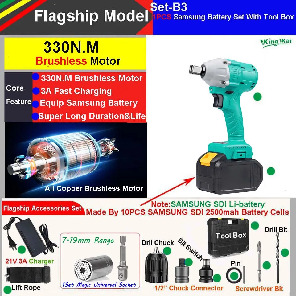 330N/M 1/2 бесщеточный крутящий момент Регулируемый беспроводной Перезаряжаемый литиевый аккумулятор автомобильный ударный электрический ключ - Цвет: SET-B3 330-1BSP
