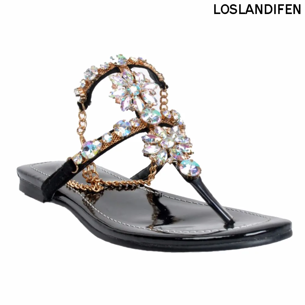 

Womens Handmade Rhinstone T-strap Casual Flat Fashion Party Sandals Summer Shoes XD138