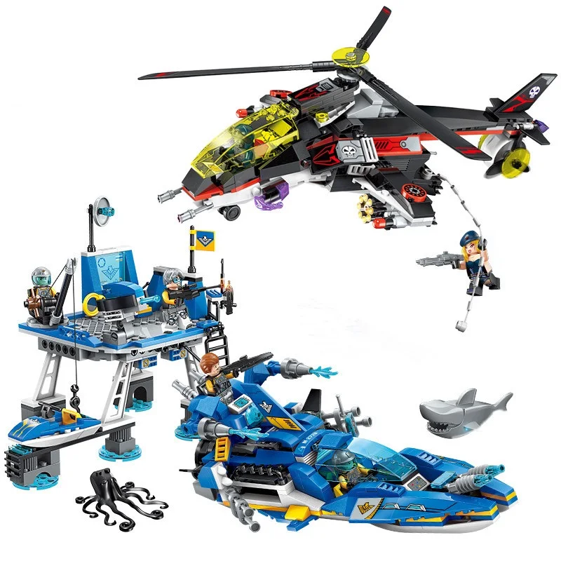 

724PCS Helicopter Launch figure*5 tech Building Blocks War series Intelligence development toys for children