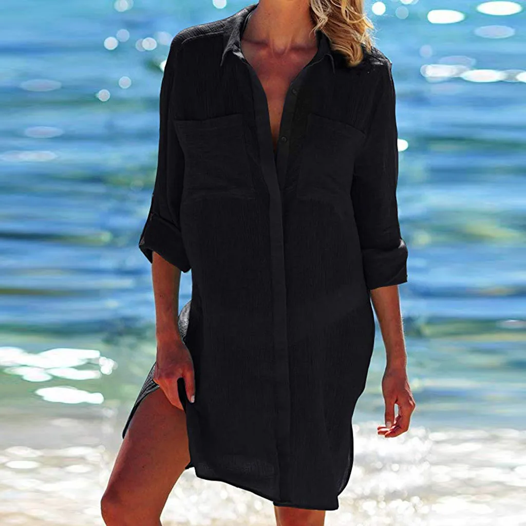 Пляжная накидка, рубашка на пуговицах, с карманами, рубашки, солнцезащитная, женская, Blusas Mujer De Moda Blusas Mulher Elegantes c6122