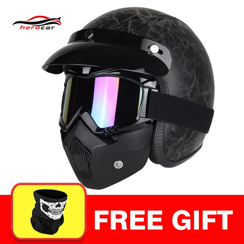 

New Motorcycle Helmet Synthetic Leather Vintage Retro 3/4 Open Face Helmet Cruiser Scooter Biker Chopper Casco Moto Helmet DOT