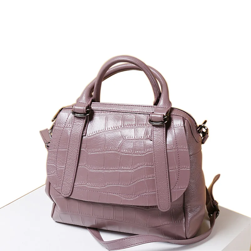 

European and American crocodile-lined layer cowhide pillow hand-held oblique cross leather bag Boston women's bag