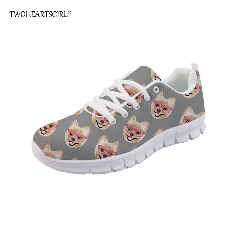 Twoheartsgirl Gray Pomeranians Dog Print Flat Sneakers for Women