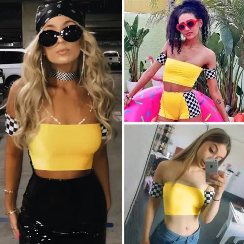 Womens plaid Frill Bandage Crop Tops Off Shoulder Ribbed Long Sleeve Jumper Top boob tube top crop top for women