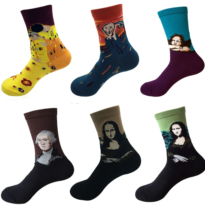 6 пар/лот, мужские повседневные носки из чесаного хлопка, ретро Рисунок маслом, забавные женские носки, весенние счастливые носки, Sokken Calcetines - Цвет: ZH2468