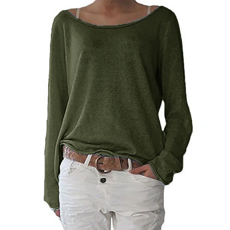 Zanzea футболка Женская Весенняя Топ женская футболка с круглым вырезом и длинным рукавом Повседневные футболки топы однотонные трикотажные блузы размера плюс S-2XL - Цвет: Армейский зеленый