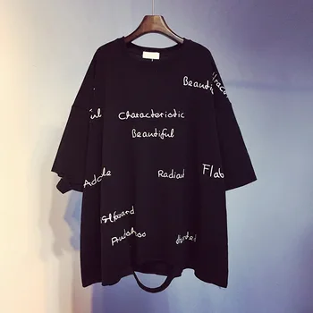 

New Spring Summer Tshirts for Women Medium-long Hole Letter Short Sleeve Students Top All-match Loose Cotton T-shirts Female
