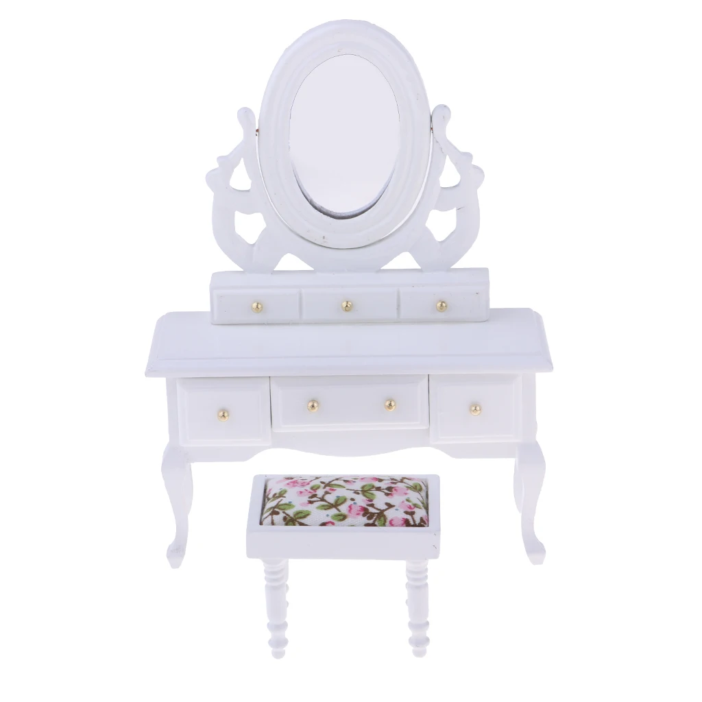 Dollhouse Vanity Set - 1:12 Dolls House Furniture Dressing Table  Stool Set with Stool and Mirror Set, Wooden & White