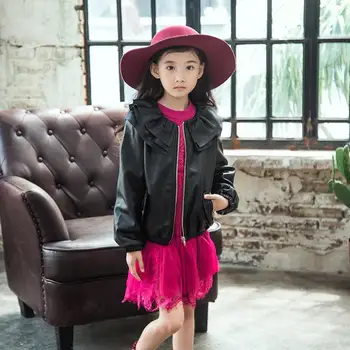 

Spring Baby Girl PU Leather jackets Ruffle Patchwork Long Sleeve Children Coat Black Red Leather coat modis kids jackets Y202