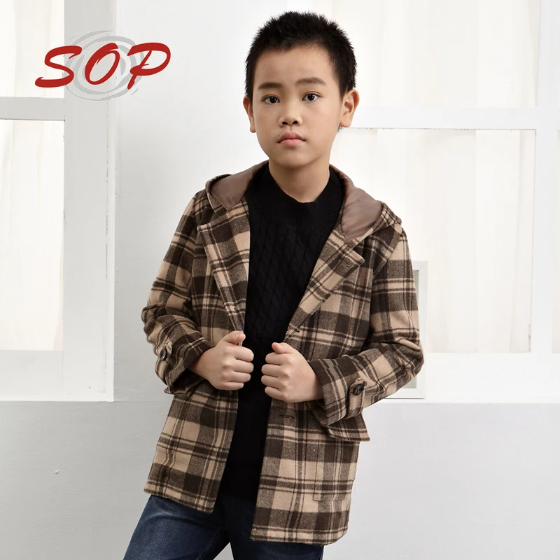 

Kids winter clothes boy outerwear coffee color plaid coats with hoodies