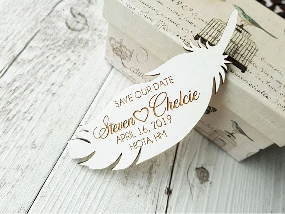 

Wedding save the date magnets, eco wood magnet , feather shape