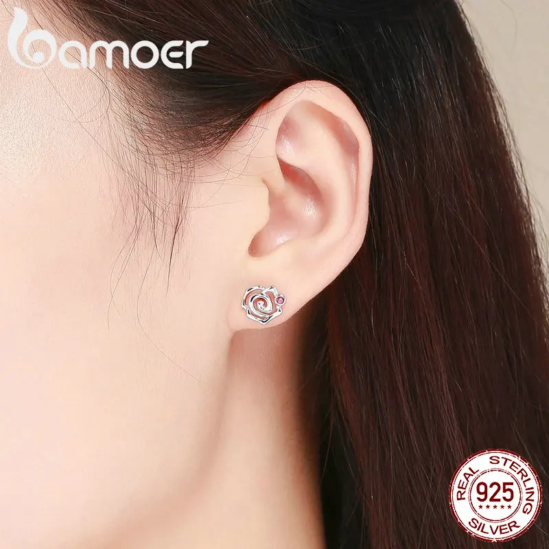 BAMOER серьги-гвоздики из настоящего 925 пробы серебра с романтическим цветком розы для женщин, розовое CZ ювелирное изделие из серебра BSE006