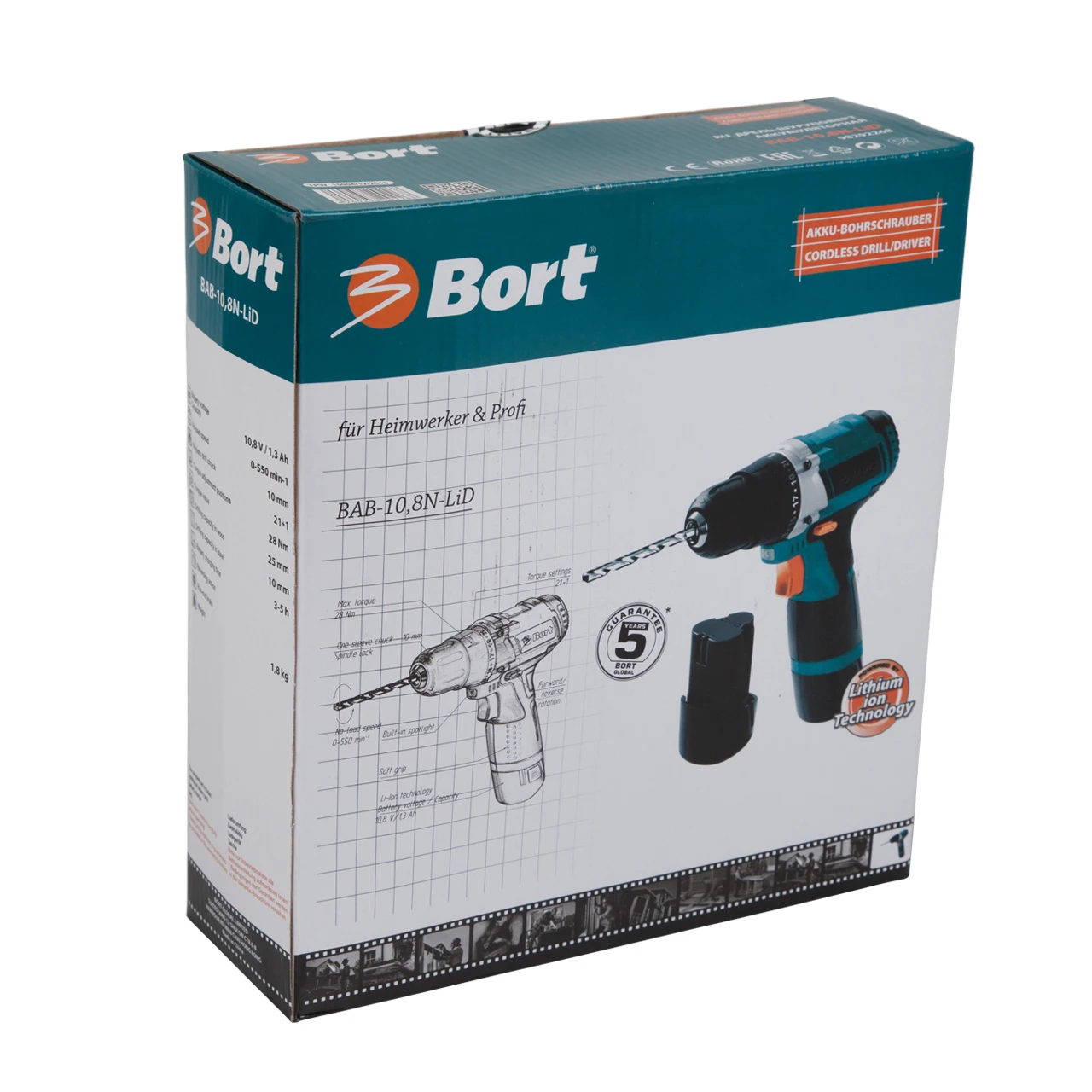 Дрель-шуруповерт аккумуляторная Bort BAB-10,8N-LiD (Быстрозажимной патрон, 550 об/мин, 1 скорость, Li-Ion батарея, высокий крутящий момент 28Нм, диаметр сверления 8-20 мм, подсветка рабочей зоны, реверс, дополнительный аккумулятор)