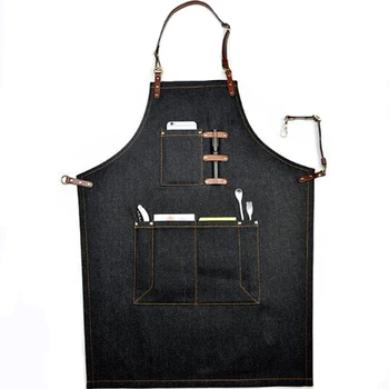 

2018 Hot Denim painting Apron With pocket Cafe fashion Cowboy Unisex Aprons for Woman Men Kitchen Chef Waiter Cooking print logo