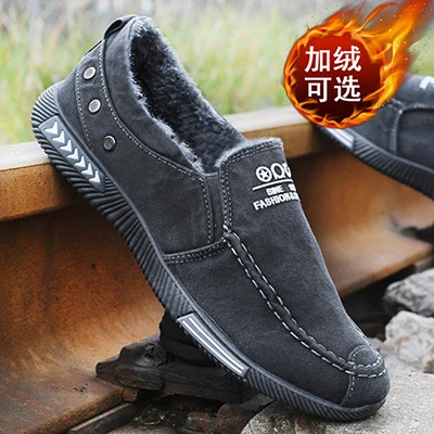 Autumn New Men's Canvas Sports Shoes a Pedal Breathable Lazy Shoes Plus Velvet Warm Lightweight Large Size Men's Shoes - Color: gray Plus velvet