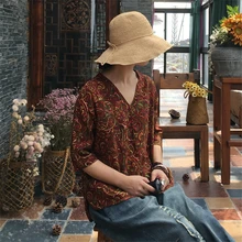 Johnature, женские футболки с цветочным рисунком, v-образный вырез, половина рукава, лето, новые винтажные хлопковые льняные женские футболки в китайском стиле