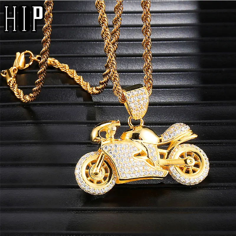 

Hip Hop Full Iced Out Bling Motorcycle Necklace Rhinestone Rope Chain Gold Color Pendants & Necklaces For Men Jewelry