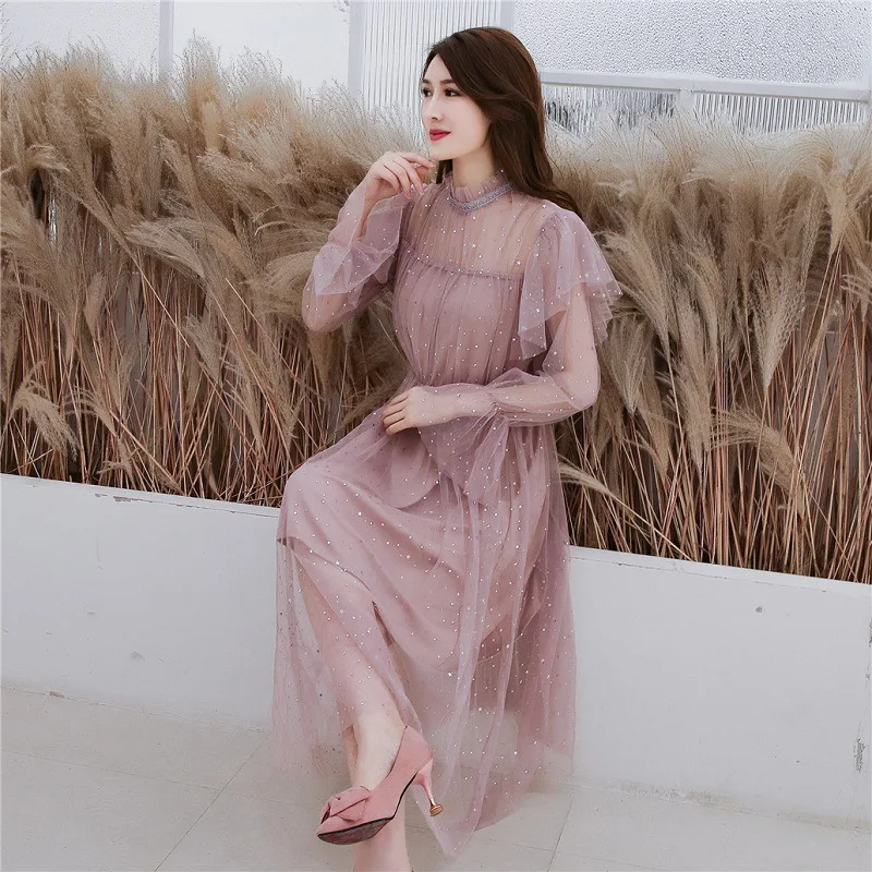 

2019 Spring New Arrival Star Sequins Lotus Leaf Edge Sweet Fairy Hollowed Stand Collar Flare Sleeve Dress Chiffon Free Shipping