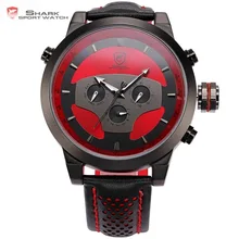 Серия Бренд Акула Шесть Стрелок Водонепроницаемость до 3 ATM Календарь Двойной Часовой Пояс Чёрный Красный Циферблат для Мужчины Большой Корпус Кожаный Ремешок Кварцевые Спортивные Военные Наручные Мужские Часы / SH207