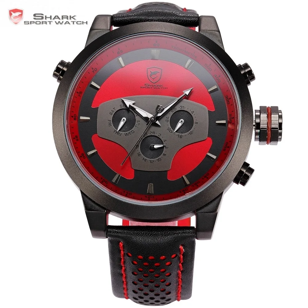 Requiem Shark Sport Watch Red Black Leather Band Quartz-Watch Waterproof Clock Date Men's Wrist Watches relogio masculino /SH207