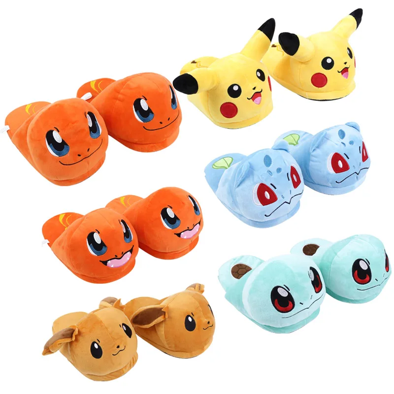 

Pikachu Eevee Charmander Squirtle Bulbasaur Adult Plush Slippers Winter Indoor Slippers Plush Toys Soft Dolls