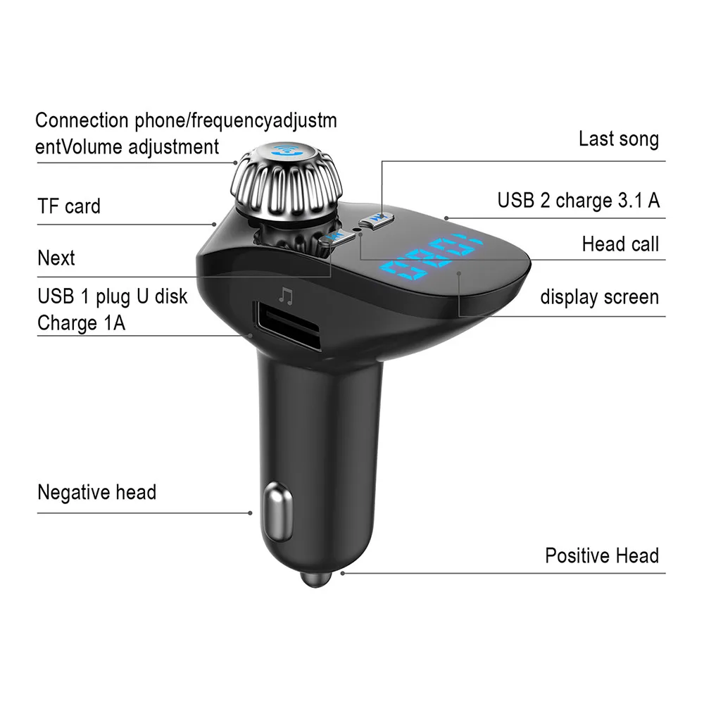 Handsfree Многофункциональный fm-передатчик автомобильное зарядное устройство MP3 плеер напряжение, Частота тока дисплей bluetooth 4,2 3.1A+ 1A