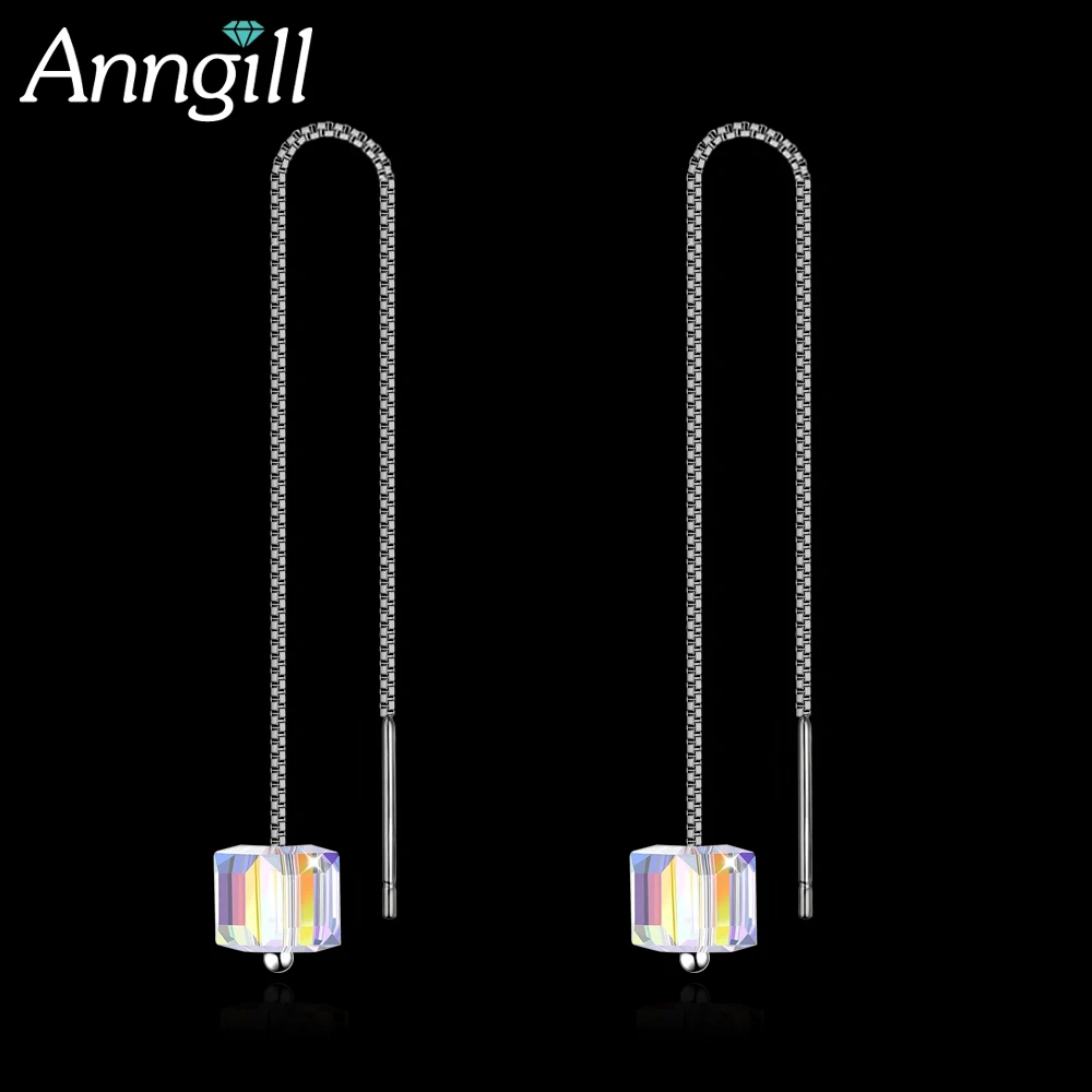 

OL Style Crystals From Swarovski Long Line Chain Drop Dangle Earring Fashion Jewelry Cube Sterling Silver Earrings For Women