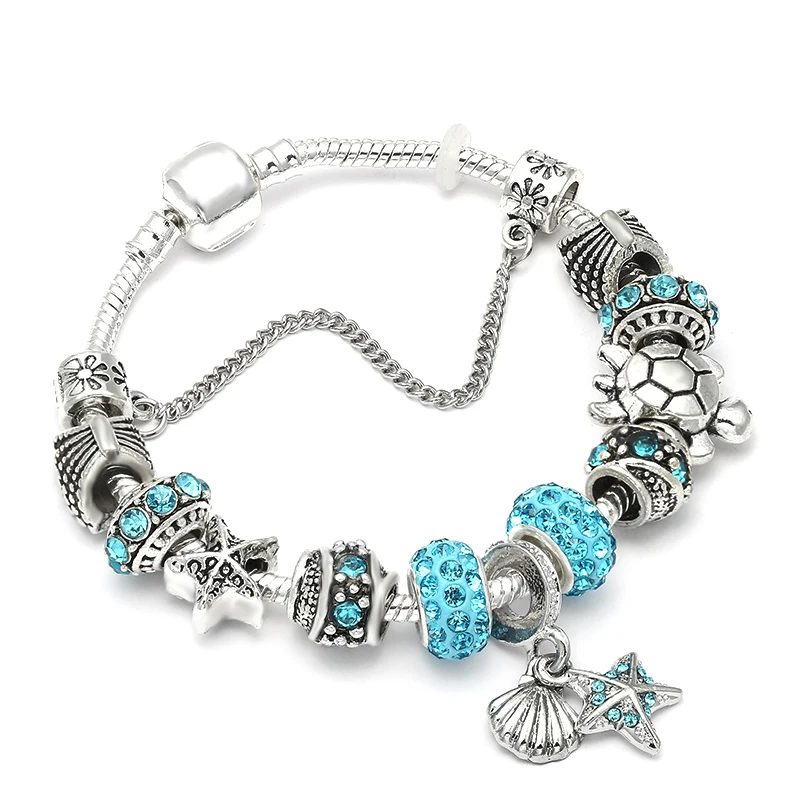

Summer Ocean Series Starfish Shell Turtle Dangle DIY Charm Bracelet Snake Chain Pandora Bracelet for Women Jewelry Gift