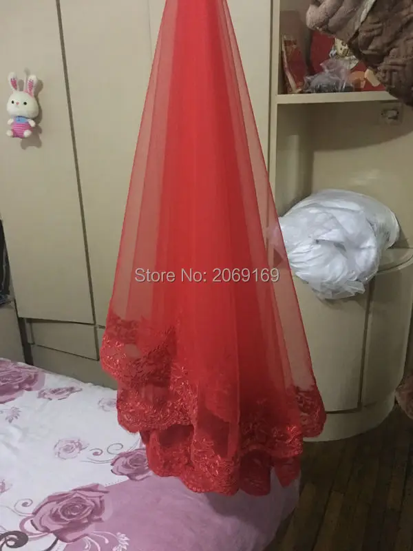 Бесплатная Доставка 2017 Горячие Продажа Простой Red One Layer Bridal Veil Кружева Аппликация Край Фата Высокое Качество