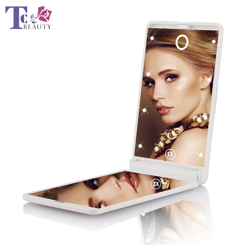 

LED Foldable 3X Magnifying Compact Pocket Makeup Illuminated Mirror With Lights