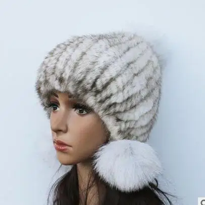 Натуральная вязаная шапка из меха норки, женская шапка ручной работы, модные зимние головные уборы - Цвет: dust white