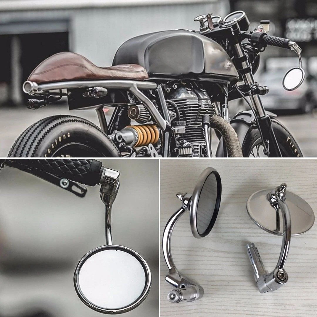 

Chrome Round Bar End Rearview Side Mirror Adjustable For Cafe Racer Motorcycle