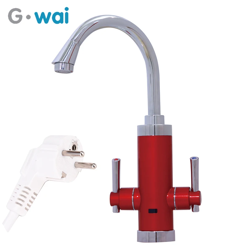 Home Instant Tankless Water Heater Duel Handle Kitchen Faucet Gold Red