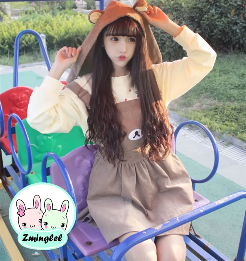 

So Cute Lolita Girl's Kawaii Rilakkuma Suspender Dress Bear Embroidery Women Winter Overall Dress with Removable Hat