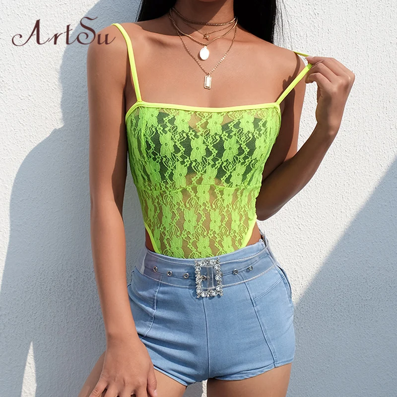 

ArtSu Neon Green Lace Bodysuit Sexy Off Shoulder Jumpsuit Women Rompers Bodycon Backless Bohemian Overalls Body Mujer ASJU20416