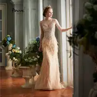 Finove Evening Dress Long 2019 New Sexy V Neck Fully Beaded Tassels And Feathers Floor Length Woman Party Dress robe de soiree