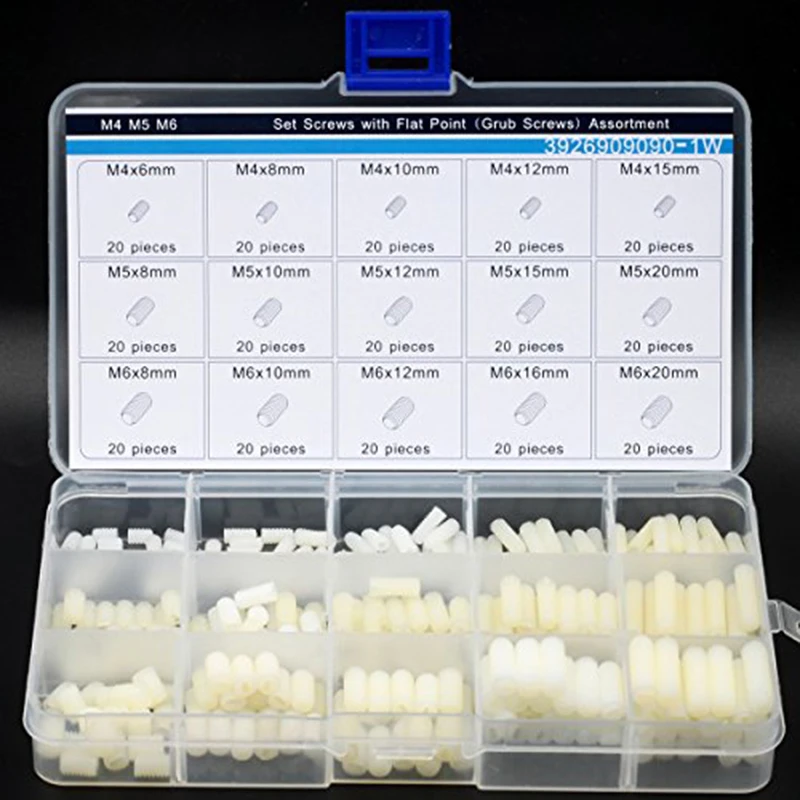 M4 M5 M6 Slotted Set Screws with Flat Piont Assortment Kit,Grub Screws,Nylon,300 pieces