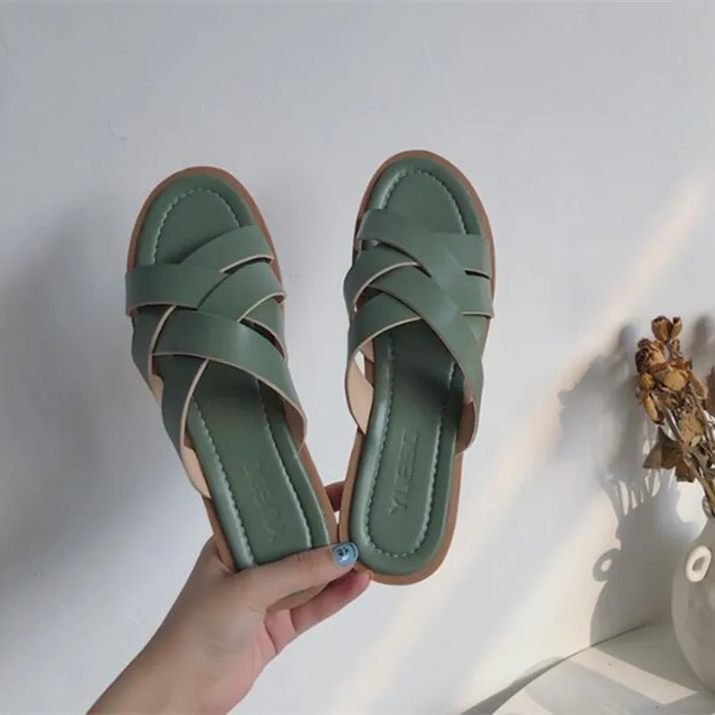 

Green Slides Summer Flip Flops Women Shoes Casual Open Toe Leather Slides Fashion Outdoor Cross Weave Beach Slippers zapatos