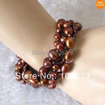 

Lovely Pearl Jewelry 7.5inch 4Row AA3-10MM Coffee Baroque Off Round Natural Freshwater Pearl Bracelet Magnet Clasp Free Shipping