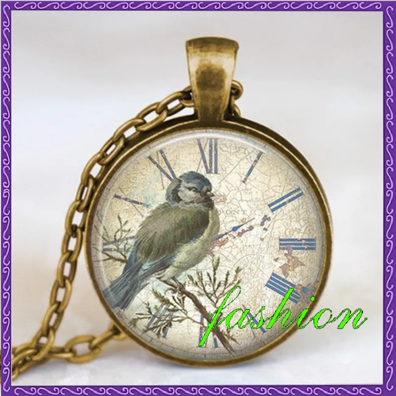 Antique clock and bird necklace vintage clock pendant steampunk jewelry