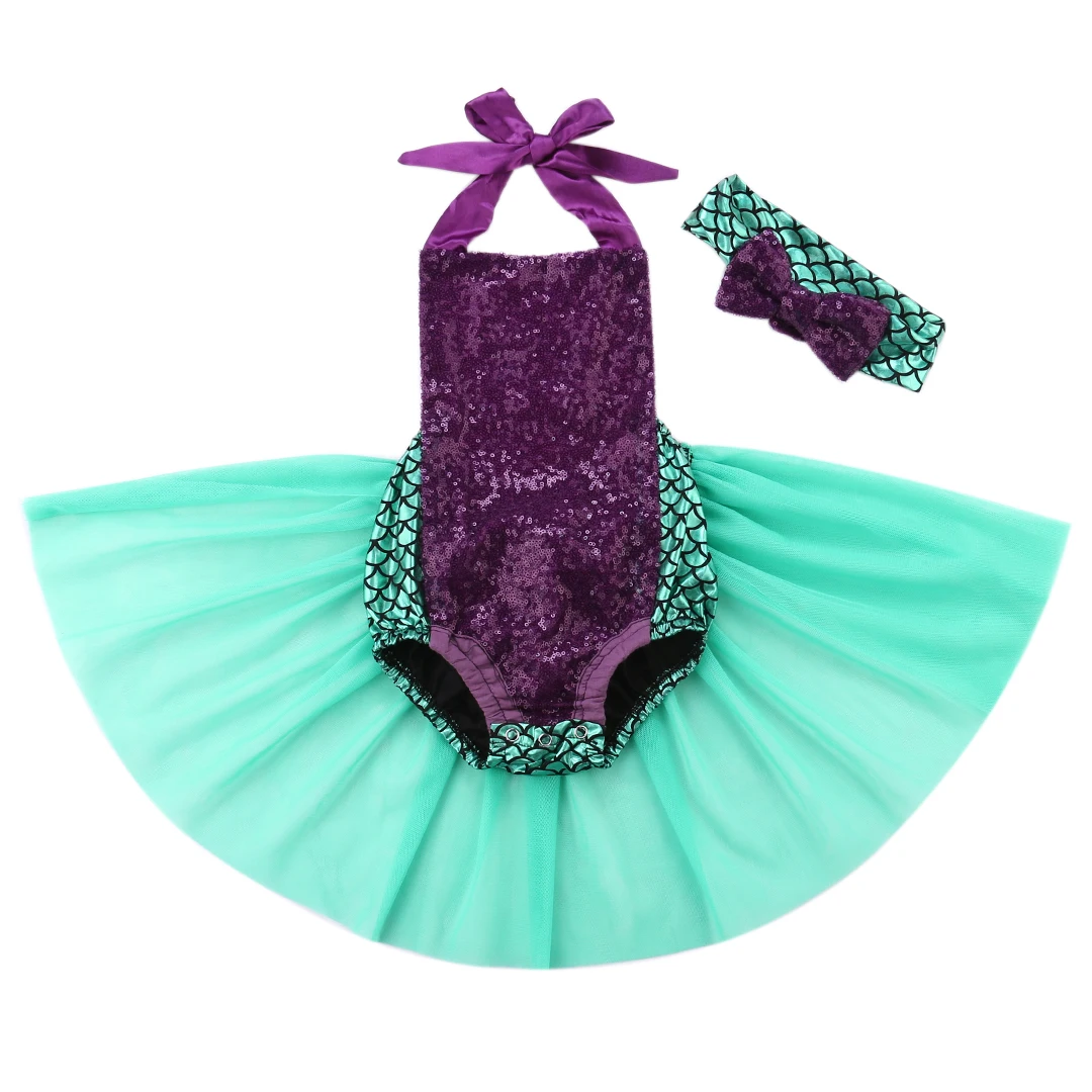 

Infant Baby Girl Little Mermaid Sequin Tulle Bodysuit Cute Sleeveless Jumpsuit Outfit Set Summer