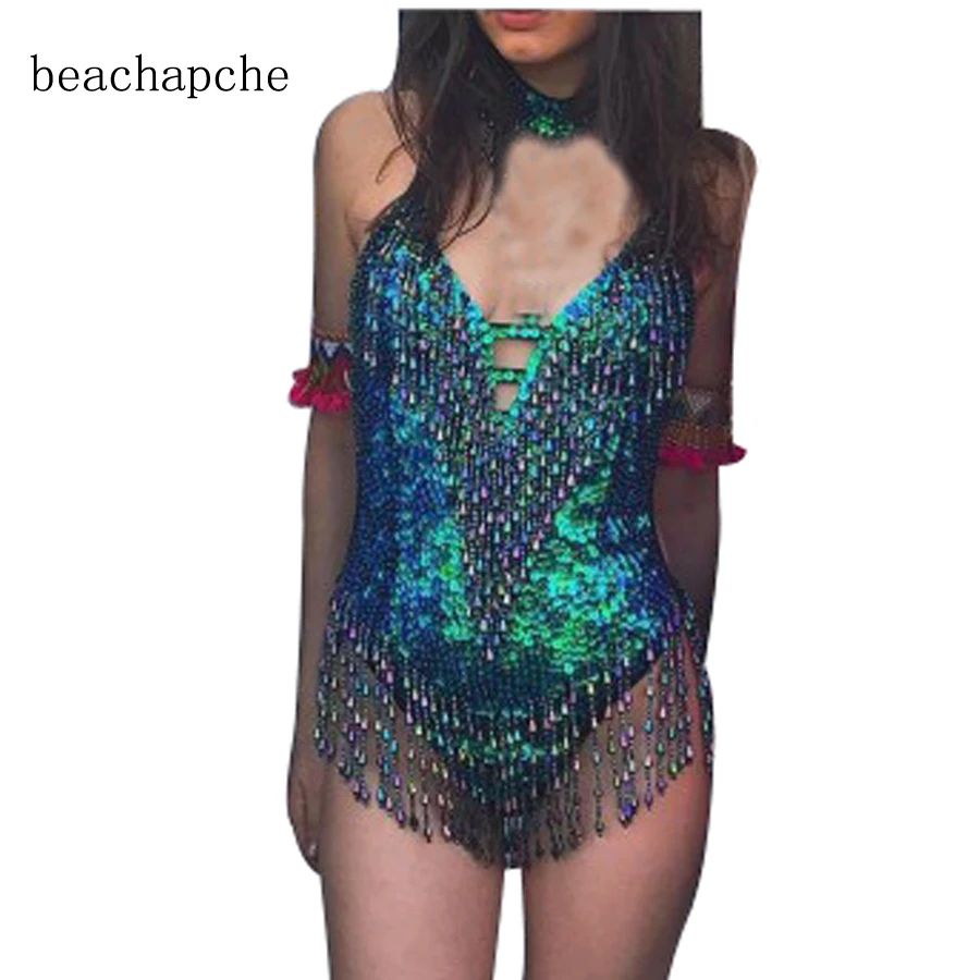 

2018 backless Sequins bodysuit women Bodycon Jumpsuit Romper sexy tassel body feminino Elegant beachwear macacao feminino